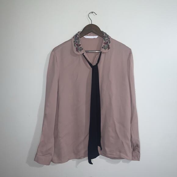 Zara Trafaluc Collection Embellished Beaded Tie Ribbon Floral Blouse Size M - Picture 1 of 9